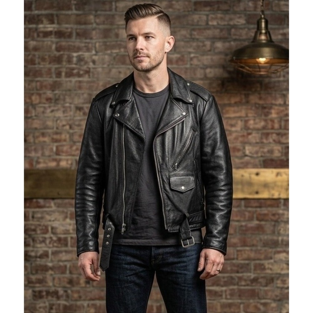 Vintage Excelled Black Leather Biker Motorcycle Jacket Men's 44 USA 70s 80s